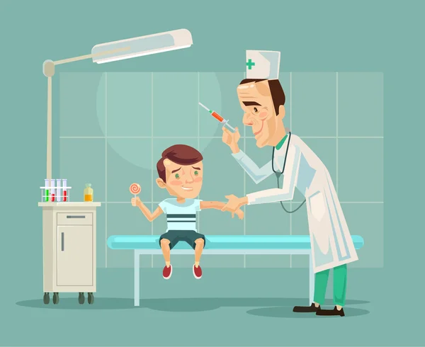 Médico a fazer vacinação infantil. Ilustração de desenho animado plano vetorial —  Vetores de Stock