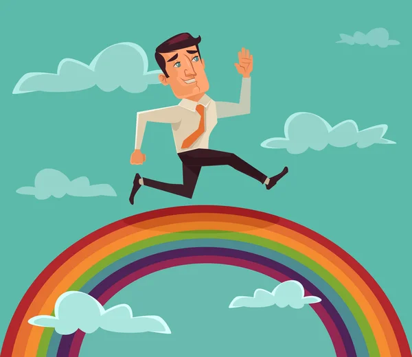 Homem de negócios a correr no arco-íris. Ilustração plana vetorial —  Vetores de Stock