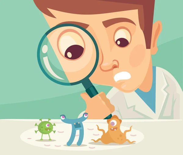 Scientist looking through magnifier. Vector flat illustration — Stock Vector