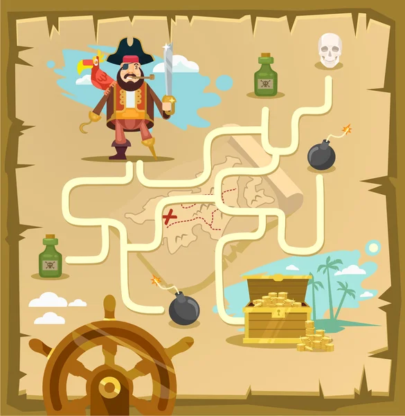 Pirate maze. Labyrinth game. Vector cartoon illustration — Stock Vector