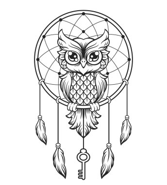 Dream-catcher black and white owl. Vector line illustration clipart