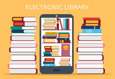 Online Kütüphane içinde hareket eden telefon. Vektör düz çizim