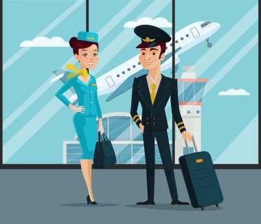 Pilot ve hostes. Vektör karikatür çizim