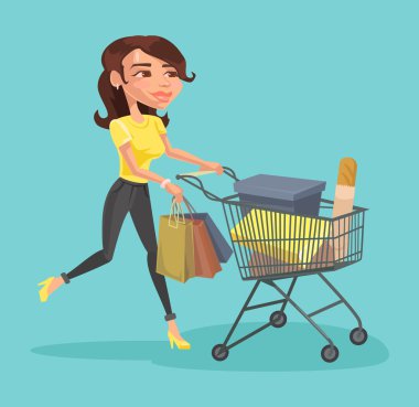 Alışveriş sepeti ile kız. Vektör düz çizim