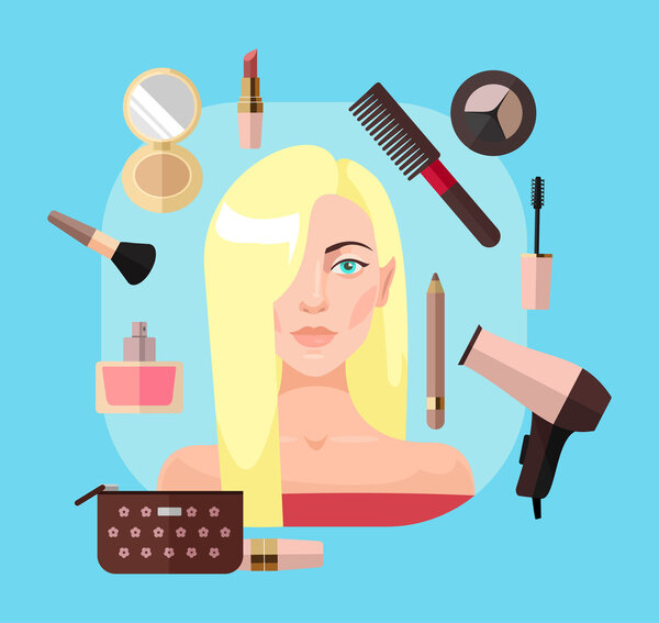 Blonde woman in beauty salon. Vector flat illustration