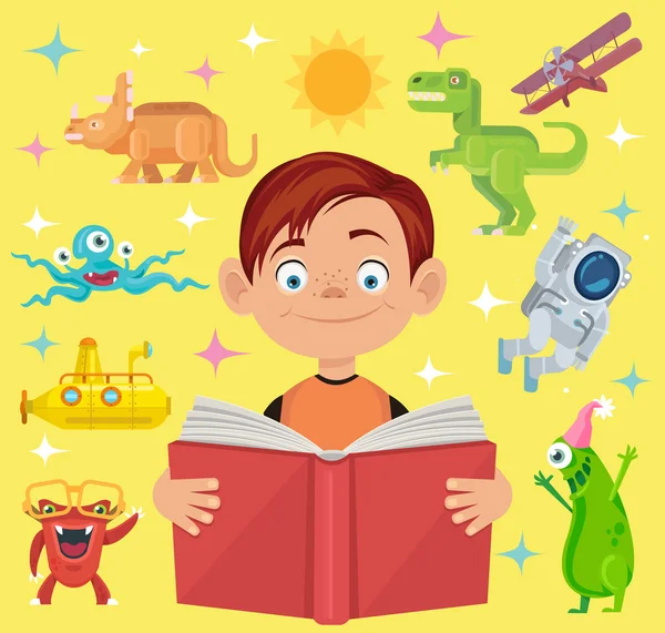 Junge liest Märchenbuch. Vektor flache Cartoon-Illustration — Stockvektor