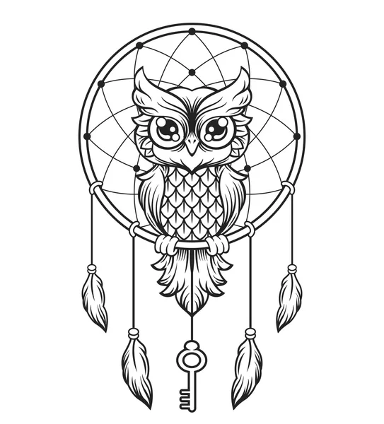 Dream-catcher black and white owl. Vector line illustration — Stock Vector