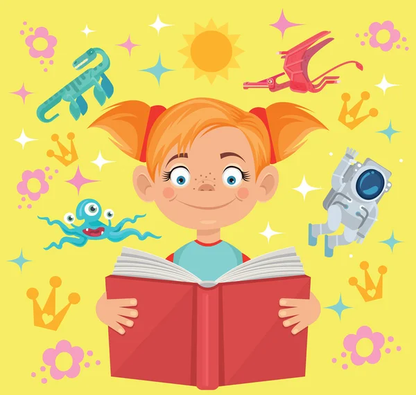 女の子は、おとぎ話の本を読みます。ベクトル フラット漫画イラスト — ストックベクタ
