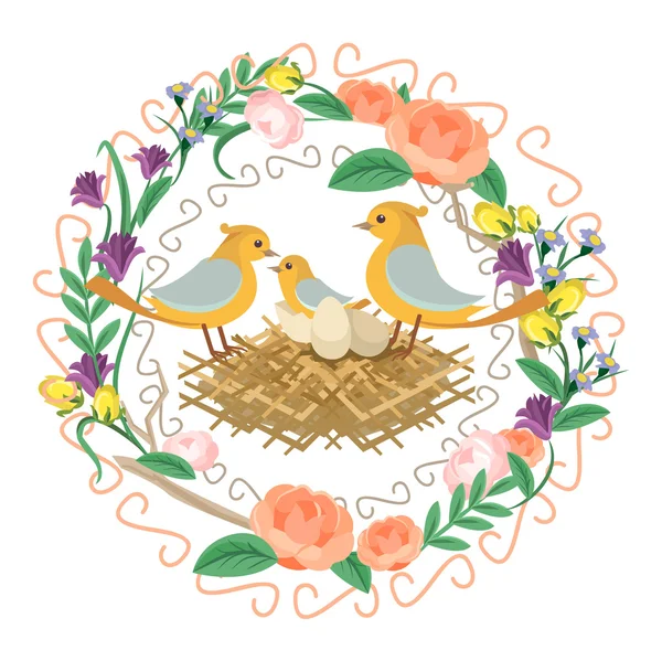Cadre floral avec nid. Illustration vectorielle plate — Image vectorielle