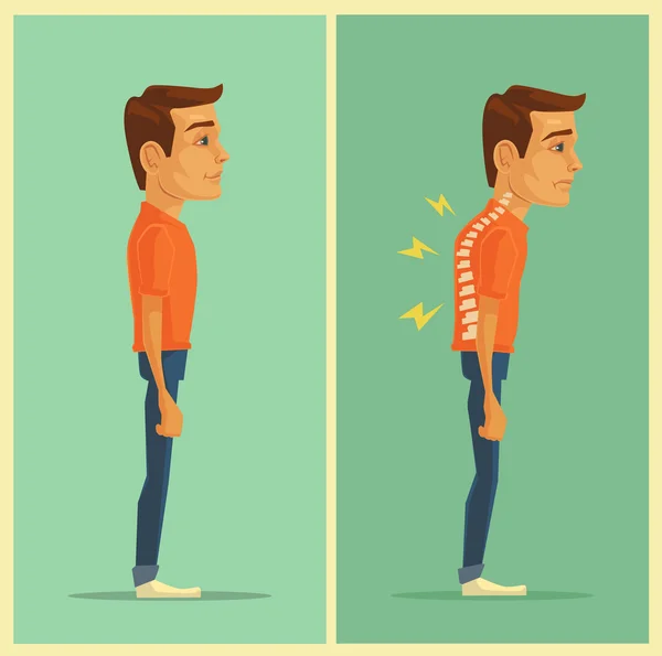 Right and wrong posture. Vector flat illustration — Stock Vector