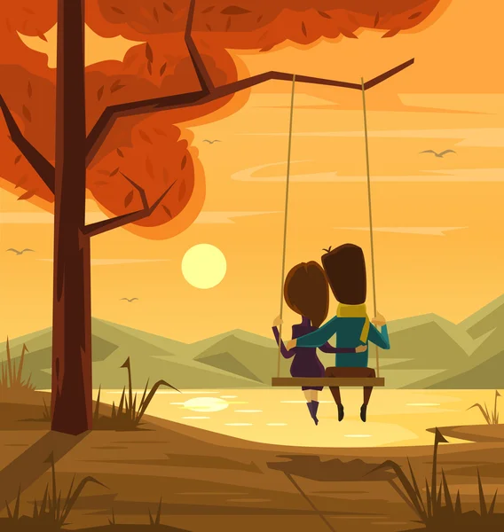 Dva milenci sedí na houpačce při západu slunce. Ploché kreslené vektorové ilustrace — Stockový vektor