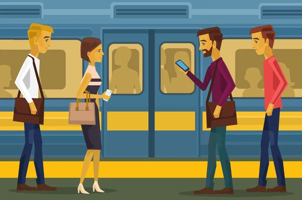 Gente en el metro. Ilustración plana del vector — Archivo Imágenes Vectoriales