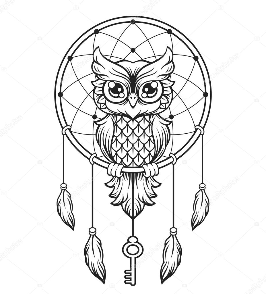 Dream-catcher black and white owl. Vector line illustration