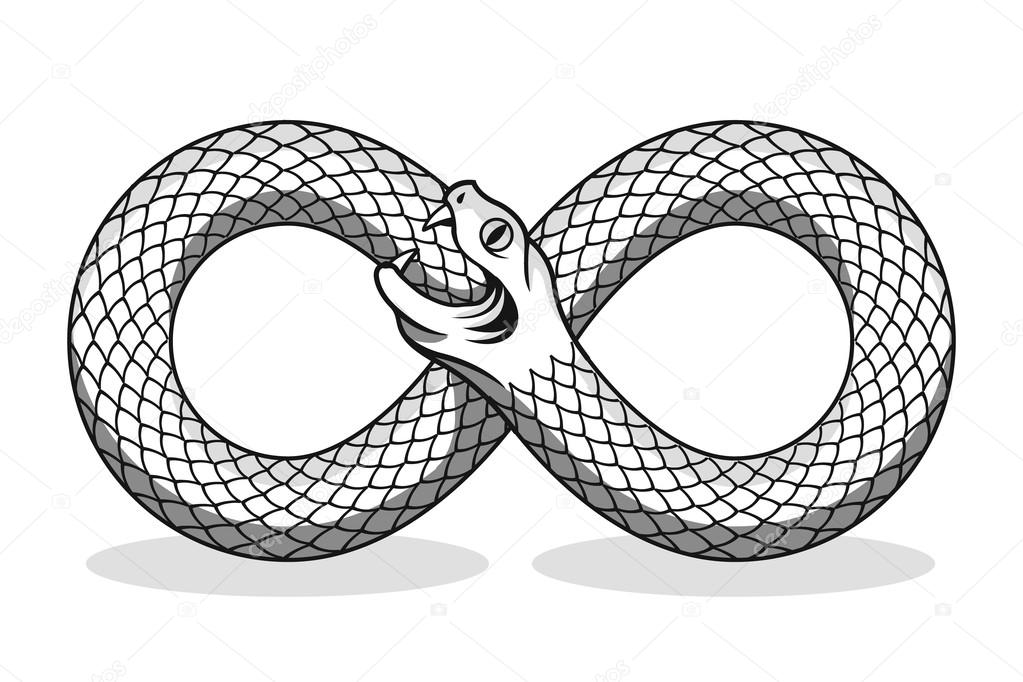 Wąż gryzie własny ogon. Magiczny symbol. Czarno-biały ilustracja