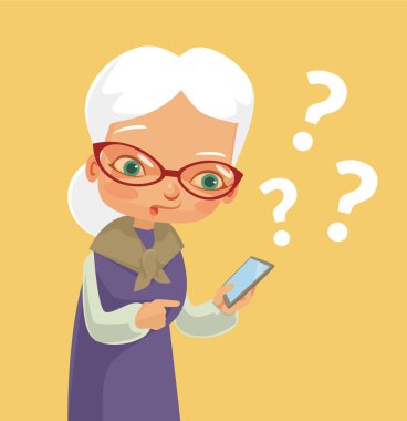 Yaşlı kadın ve modern telefon. Vektör düz çizgi film illüstrasyon