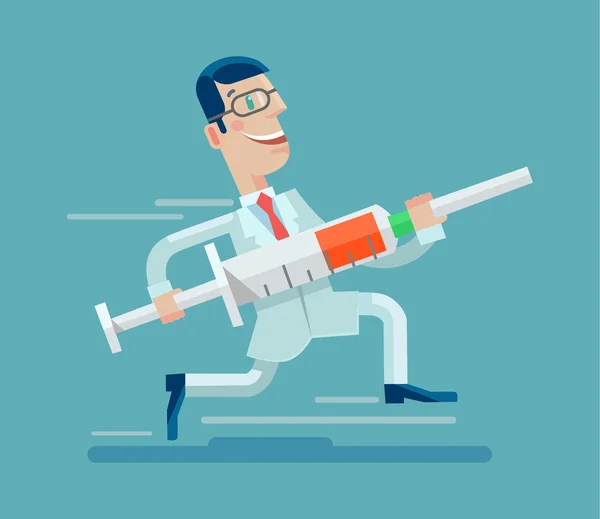 El doctor corre con la jeringa. Ilustración plana del vector — Vector de stock