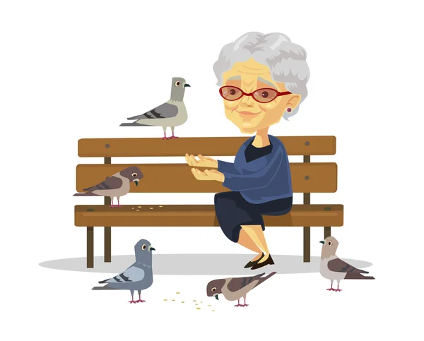 Old woman feeding birds. Vector flat illustration — Stock Vector