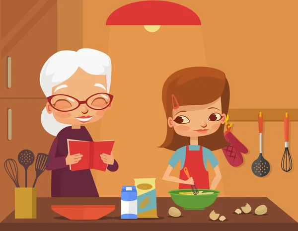 Grandmother and granddaughter cook. Vector flat cartoon illustration — Stock Vector
