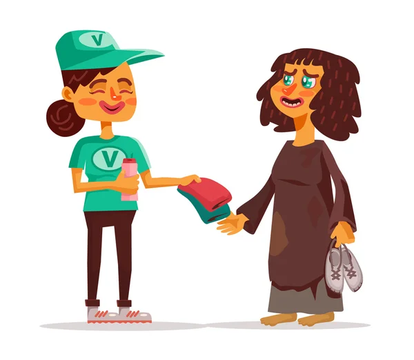 Voluntarios y sin hogar. Vector plano ilustración de dibujos animados — Vector de stock