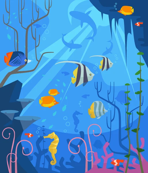 Bajo el agua. Vector plano ilustración de dibujos animados — Vector de stock