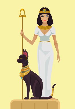 Kleopatra ve kara kedi. Vektör düz çizim