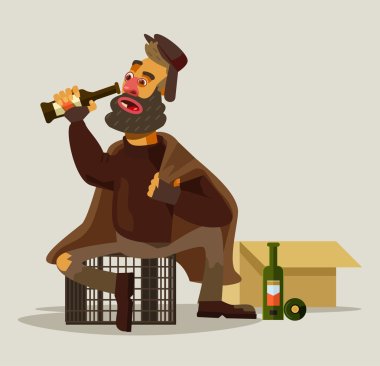 Homeless man drinking alcohol. Vector flat illustration clipart