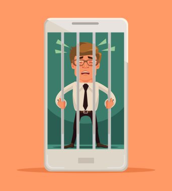 Adam akıllı telefon kilitli. Vektör düz çizgi film illüstrasyon