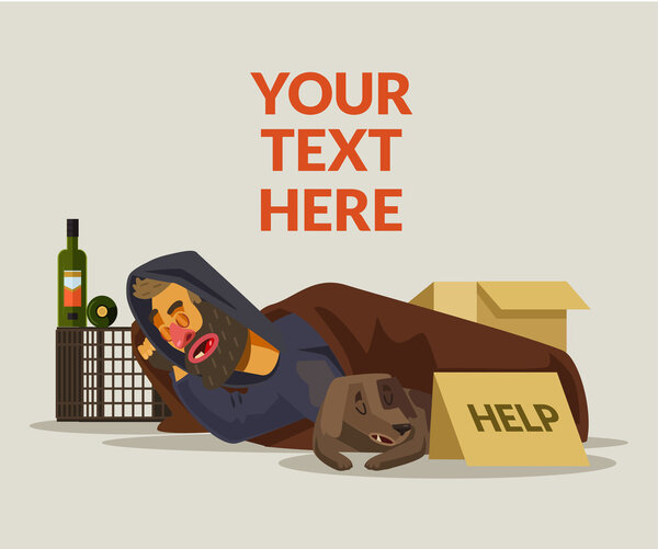 Homeless man sleeping. Vector flat cartoon illustration