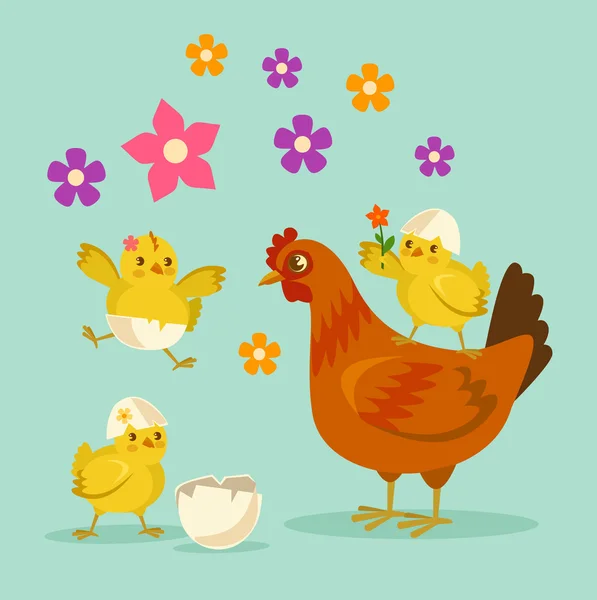 Linda madre de pollo de dibujos animados y niños. Vector plano ilustración de dibujos animados — Vector de stock