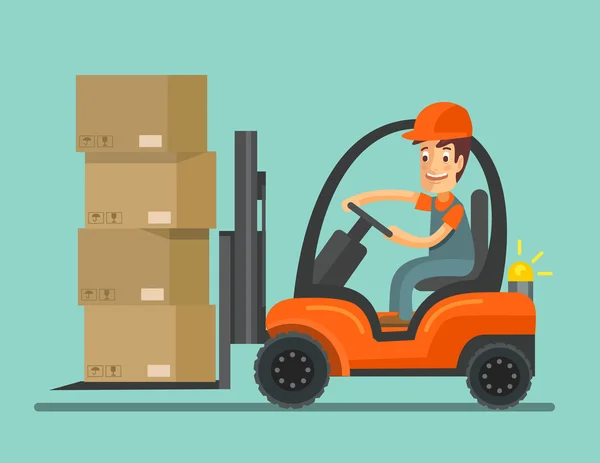 Forklift truck with worker. Vector flat illustration — Stock Vector