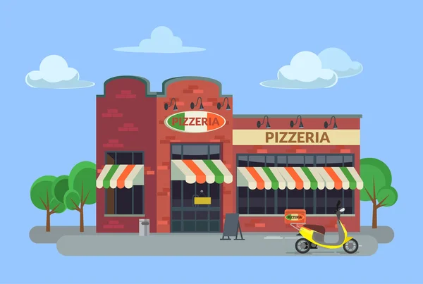 Pizzería de dibujos animados. Ilustración plana del vector — Vector de stock