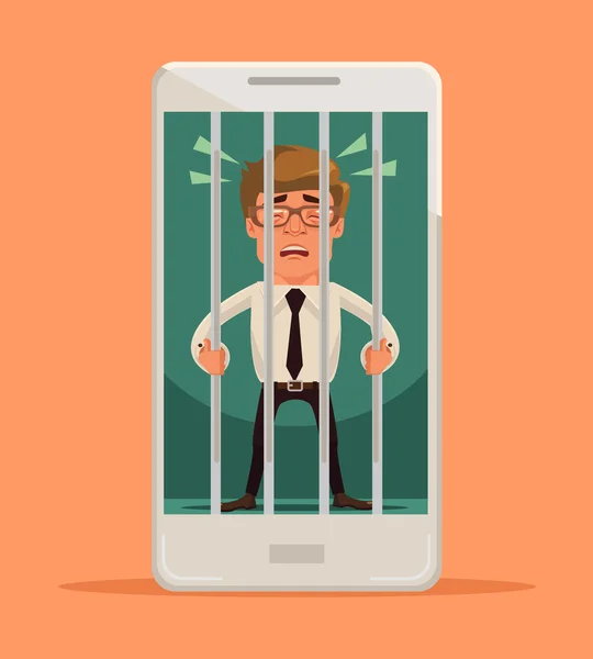 Un homme enfermé dans un smartphone. Illustration vectorielle de dessin animé plat — Image vectorielle