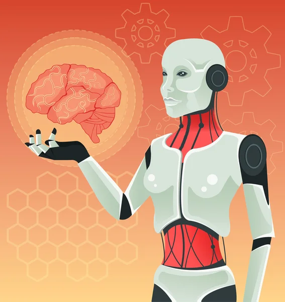 Une femme robot tient le cerveau humain. Illustration vectorielle — Image vectorielle
