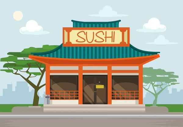 Sushi restaurante café edifício. Ilustração plana vetorial — Vetor de Stock
