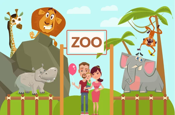 Szczęśliwą rodzinę w zoo. Ilustracja kreskówka płaski wektor — Wektor stockowy