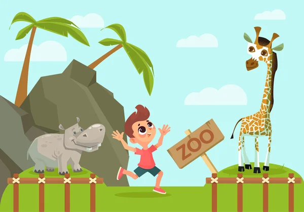 Jongen in dierentuin. Vectorillustratie cartoon plat — Stockvector
