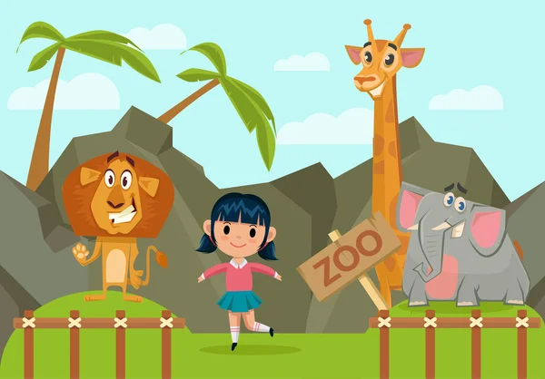 Meisje in de dierentuin. Vectorillustratie platte cartoon — Stockvector