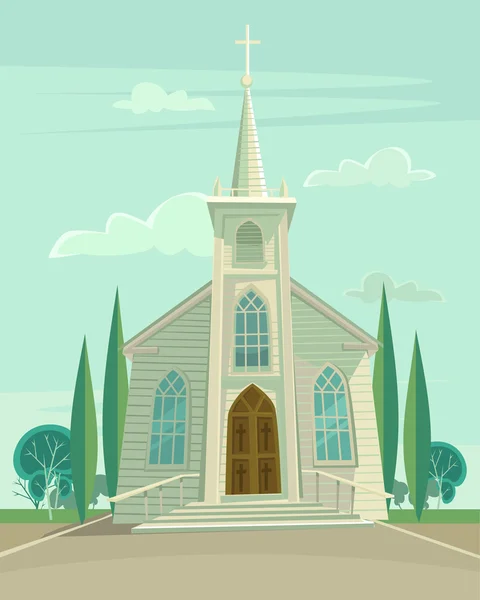 Kirkon rakentaminen. Vektori tasainen sarjakuva kuvitus — vektorikuva
