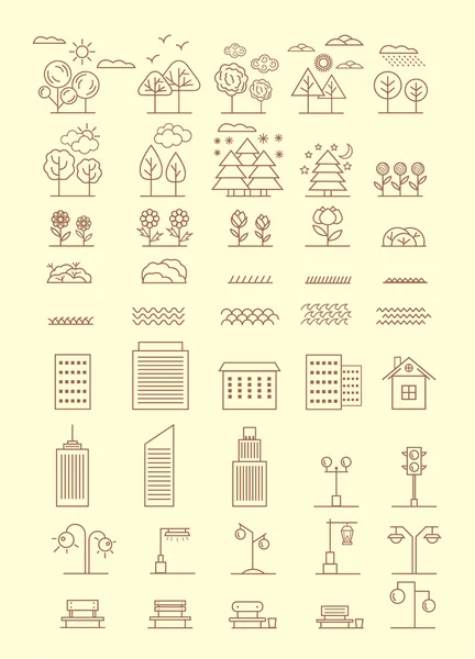 Conjunto de ilustrações de ícones vetoriais de elementos de paisagem linear —  Vetores de Stock