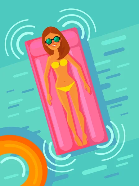 Woman lying on mattress in pool. Vector flat cartoon illustration — Stock Vector