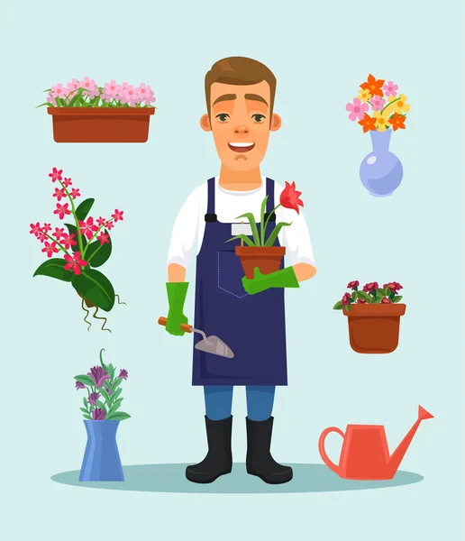 Giardiniere con attrezzi da giardino e fiori. illustrazione del fumetto piatto vettoriale — Vettoriale Stock