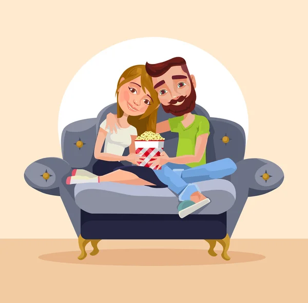 Pareja en casa sentada en el sofá. Vector plano ilustración de dibujos animados — Vector de stock