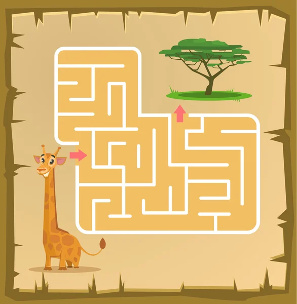 Laberinto juego para niños con jirafa. Dibujos animados vectoriales ilustración — Vector de stock