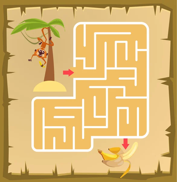 Labyrinth game for children with monkey. Vector cartoon illustration — Stock Vector