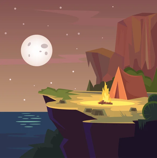 Campamento nocturno. Vector plano ilustración de dibujos animados — Vector de stock