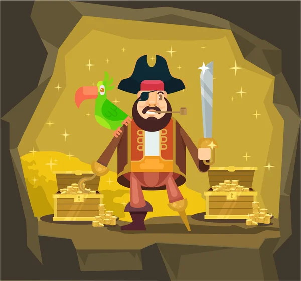 Πειρατής με χρυσό. Επίπεδη καρτούν εικονογράφηση φορέα — Διανυσματικό Αρχείο