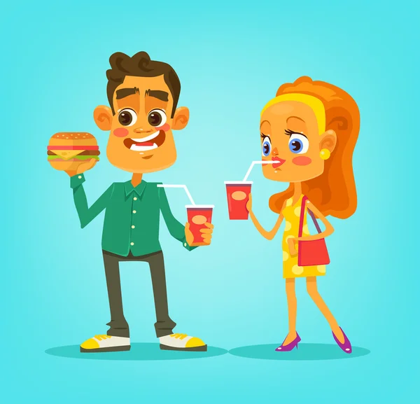 As pessoas comem fast food. Ilustração de desenho animado plano vetorial — Vetor de Stock