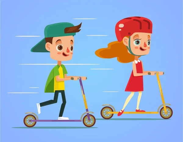 As crianças andam de scooter. Ilustração de desenho animado plano vetorial —  Vetores de Stock
