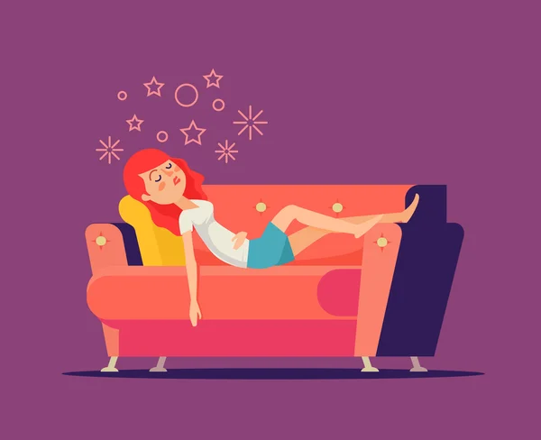 Dormir chica en el sofá. Vector plano ilustración de dibujos animados — Archivo Imágenes Vectoriales