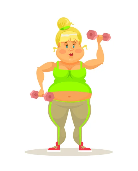 Wanita gemuk berolahraga. Ilustrasi kartun datar vektor - Stok Vektor